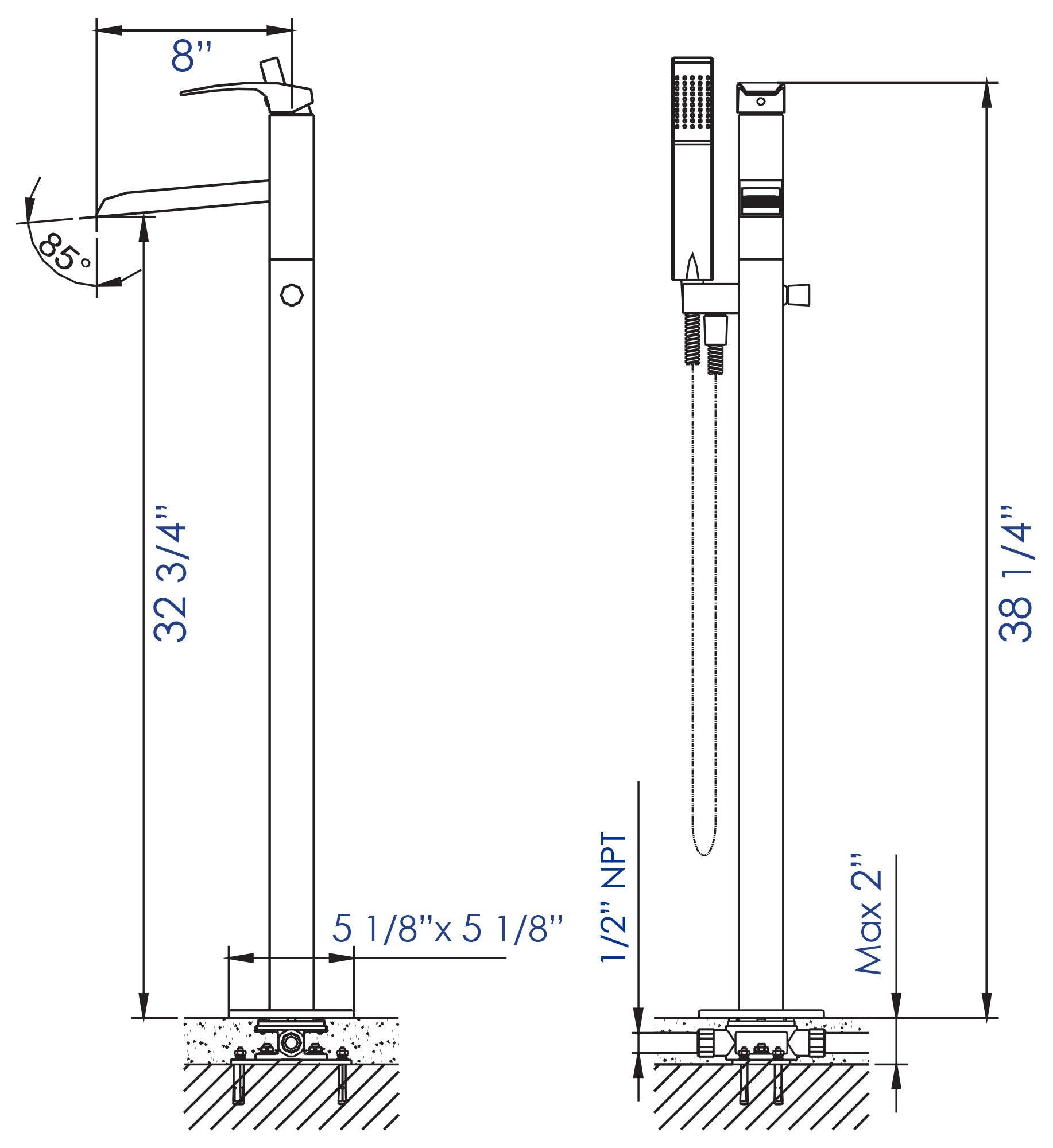 ALFI brand AB2843-BN Brushed Nickel Single Hole Floor Mounted Waterfall Tub Filler