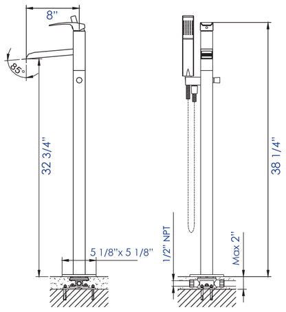 ALFI brand AB2843-BN Brushed Nickel Single Hole Floor Mounted Waterfall Tub Filler