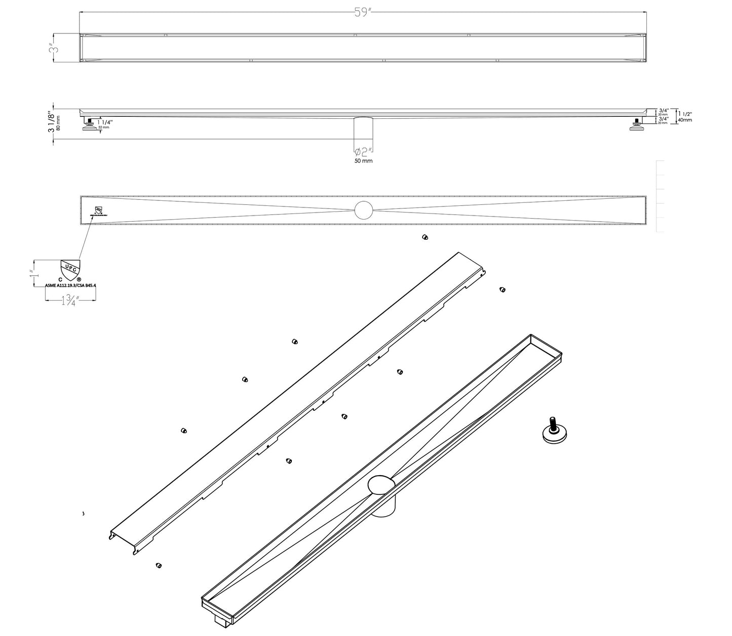 ALFI brand ABLD59B-BSS 59" Brushed Stainless Steel Linear Shower Drain with Solid Cover