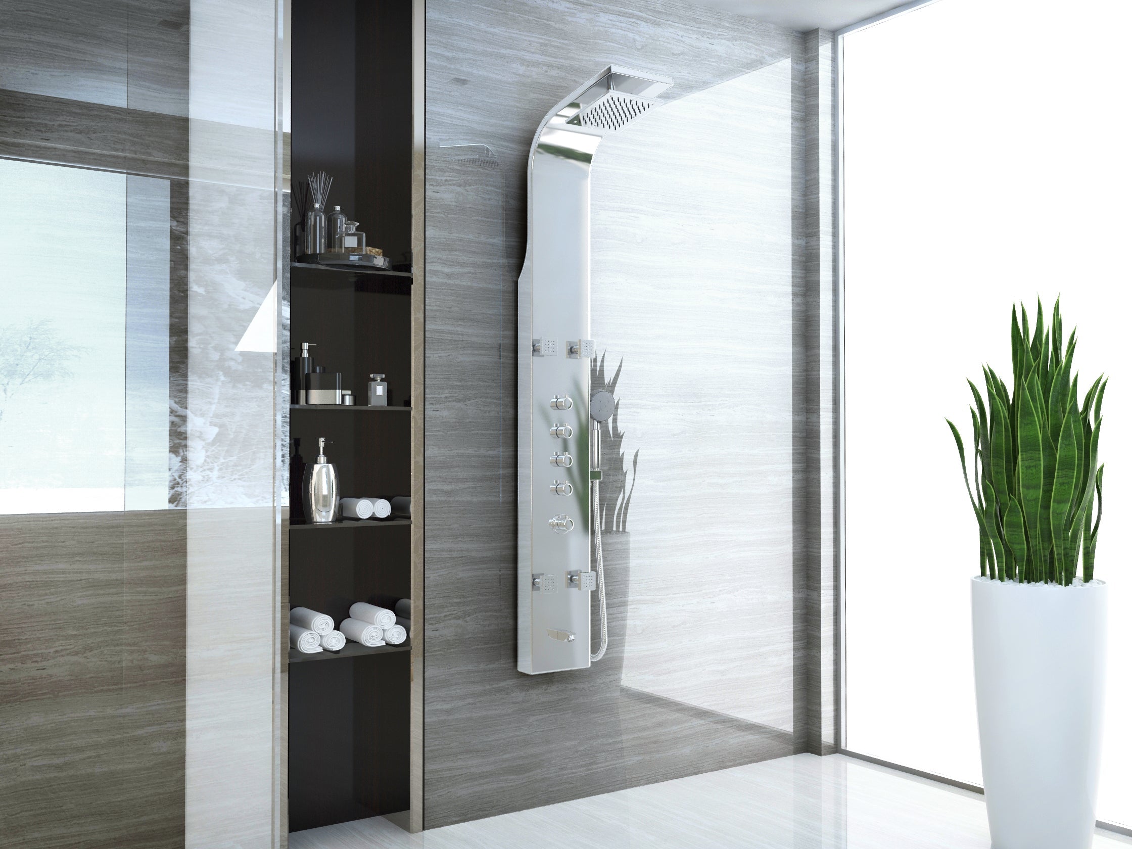 Echo 63.5 in. 4-Jetted Full Body Shower Panel with Heavy Rain Showerhead, Spray Wand and Tub Spout in Brushed Steel