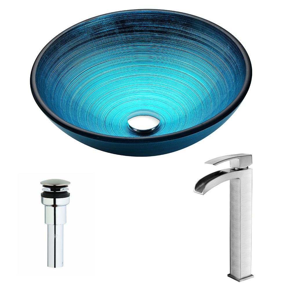 Enti Series Deco-Glass Vessel Sink in Lustrous Blue with Key Faucet