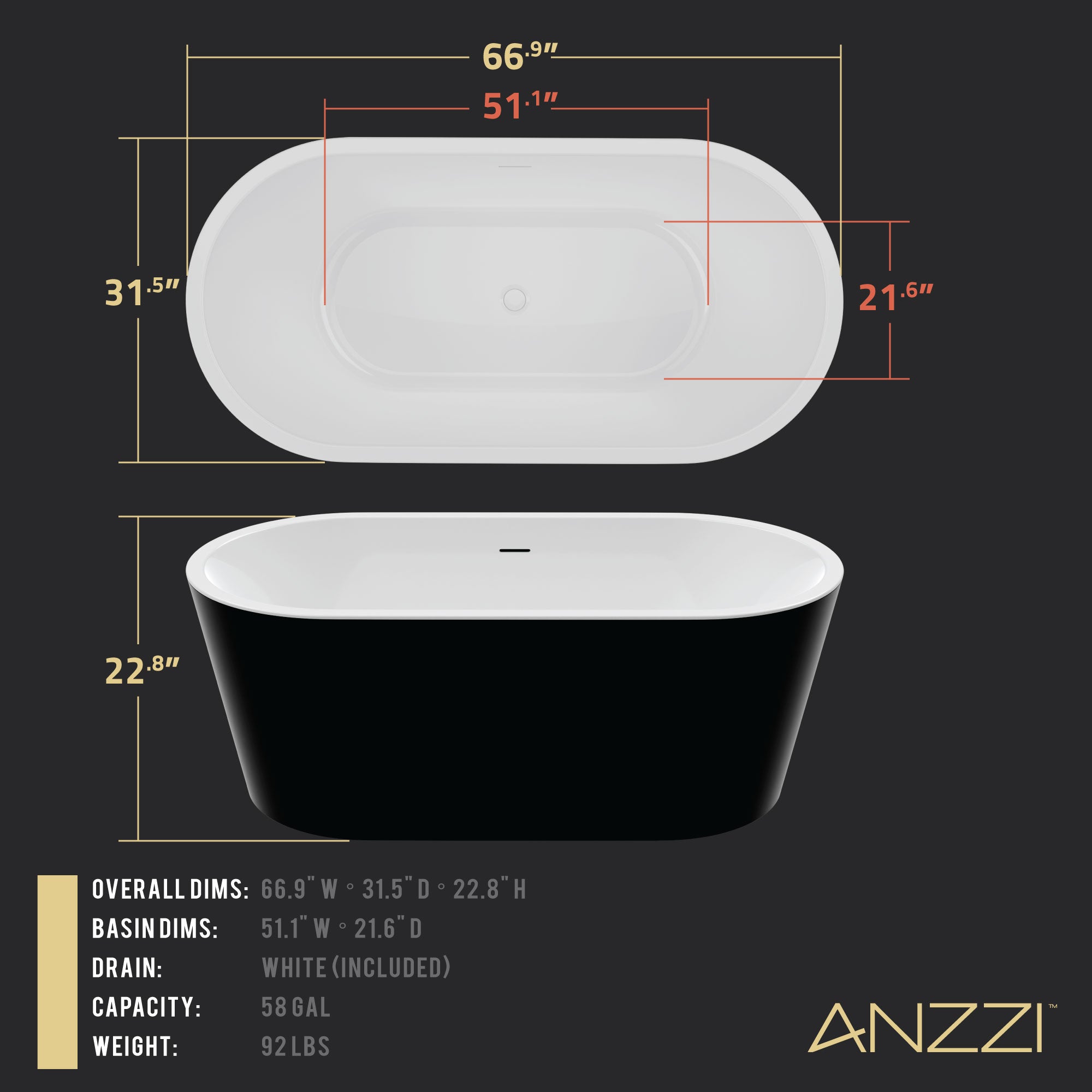 Chand 67 in. Acrylic Flatbottom Freestanding Bathtub