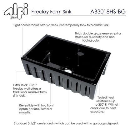 ALFI brand AB3018HS-BG 30" Black Gloss Reversible Smooth / Fluted Single Bowl Fireclay Farm Sink