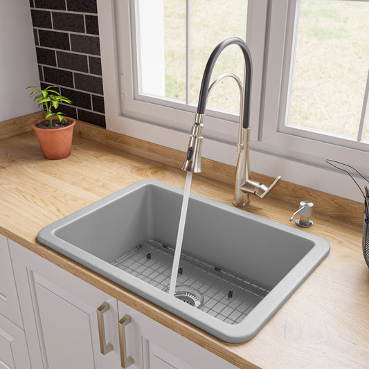 ALFI brand ABF2718UD-GM Gray Matte 27" x 18" Fireclay Undermount / Drop In Firelcay Kitchen Sink