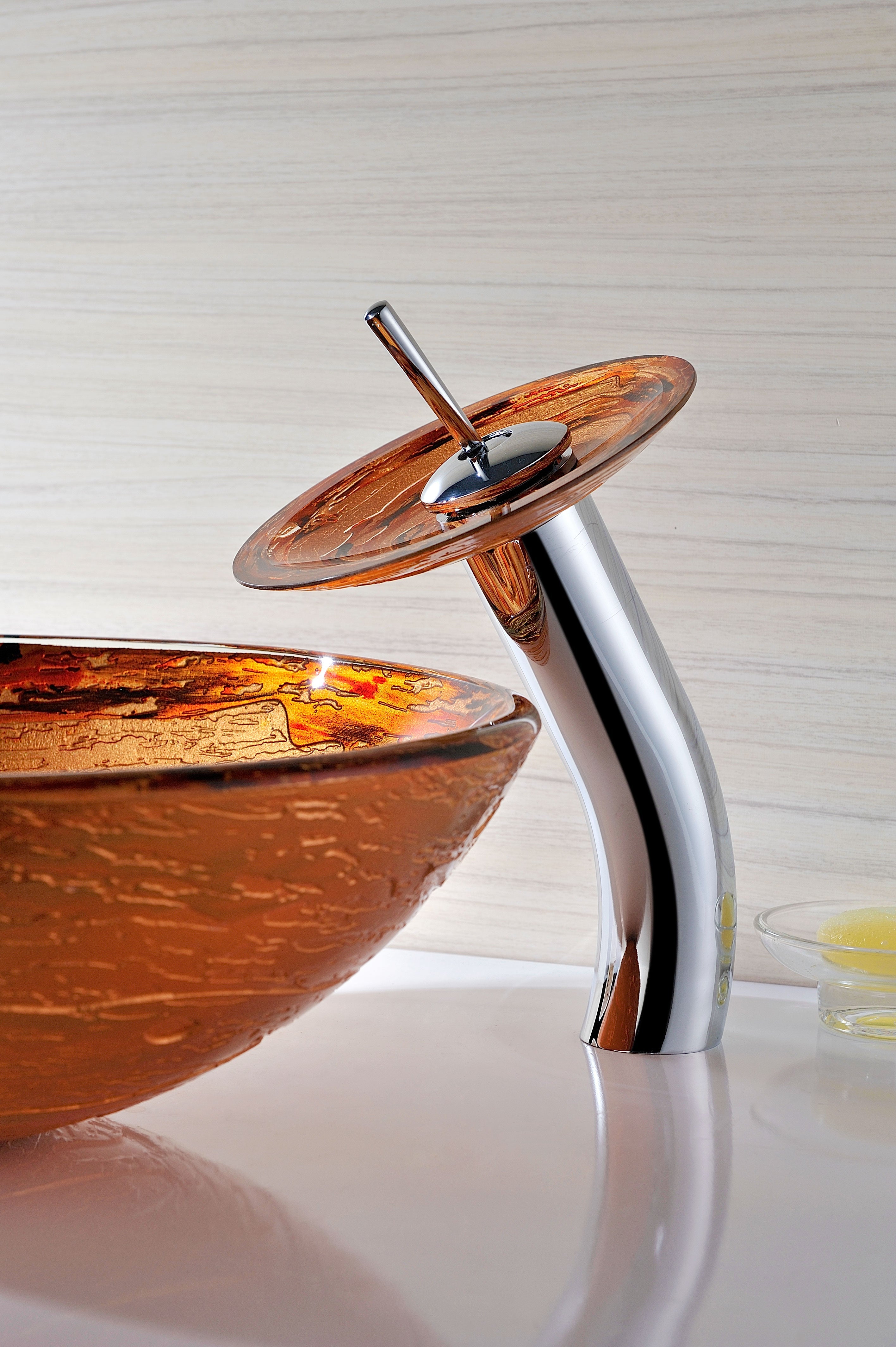 Stanza Series Vessel Sink in Brown with Pop-Up Drain and Matching Faucet in Lustrous Brown