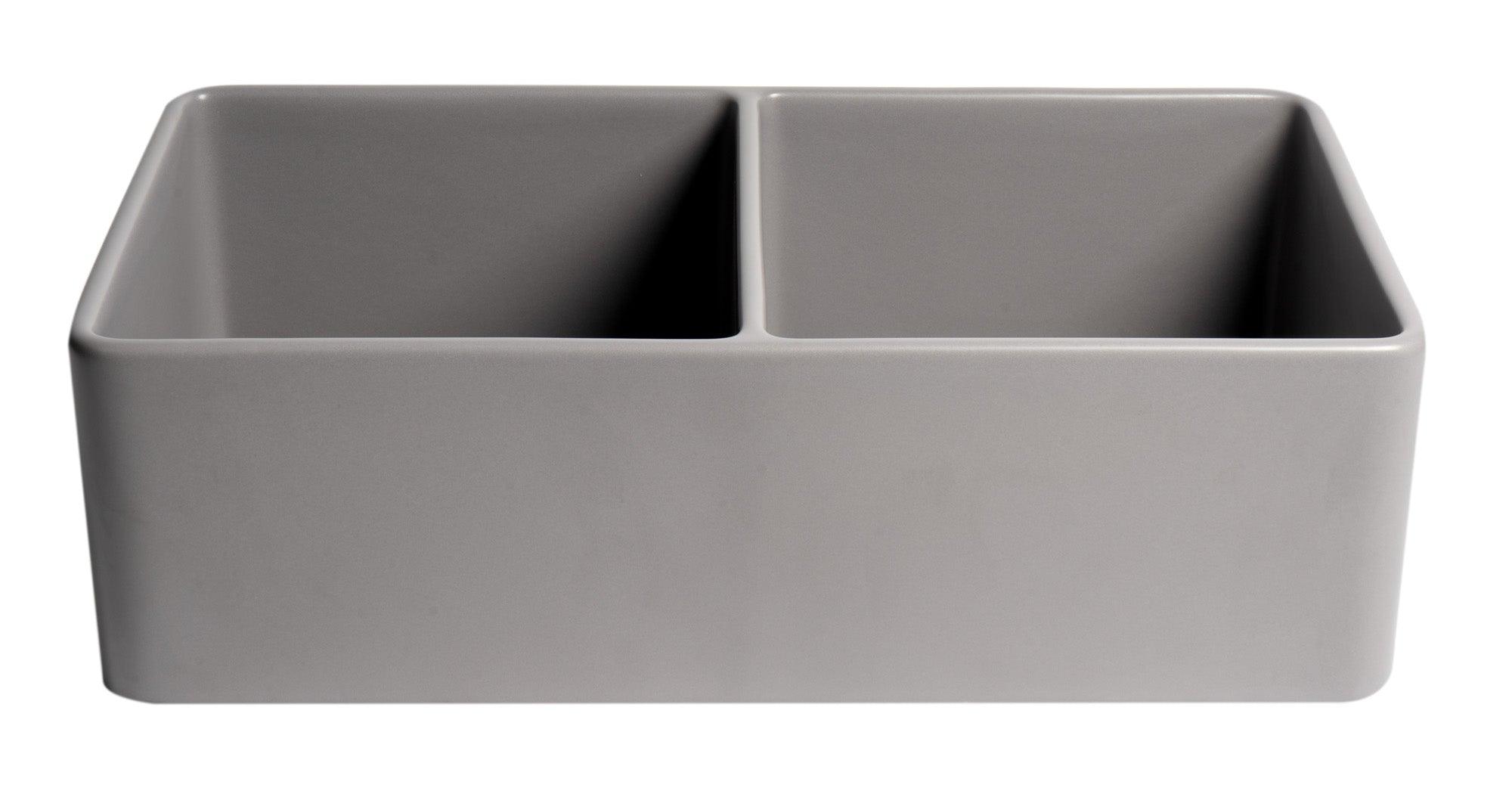 ALFI brand ABF3318D-GM Gray Matte Smooth Apron 33" x 18" Double Bowl Fireclay Farm Sink