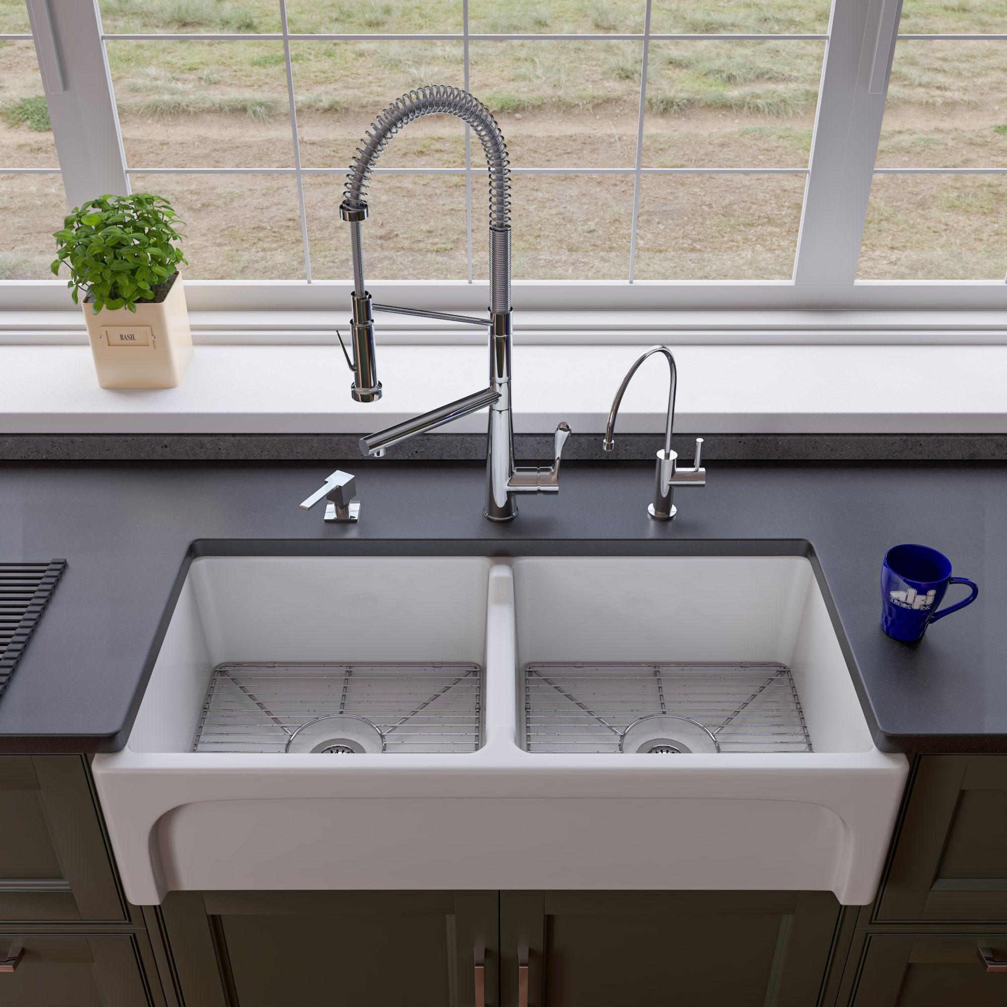 ALFI brand AB3918ARCH-W  39" White Arched Apron Thick Wall Fireclay Double Bowl Farm Sink