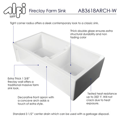 ALFI brand AB3618ARCH-W  36" White Arched Apron Thick Wall Fireclay Double Bowl Farm Sink