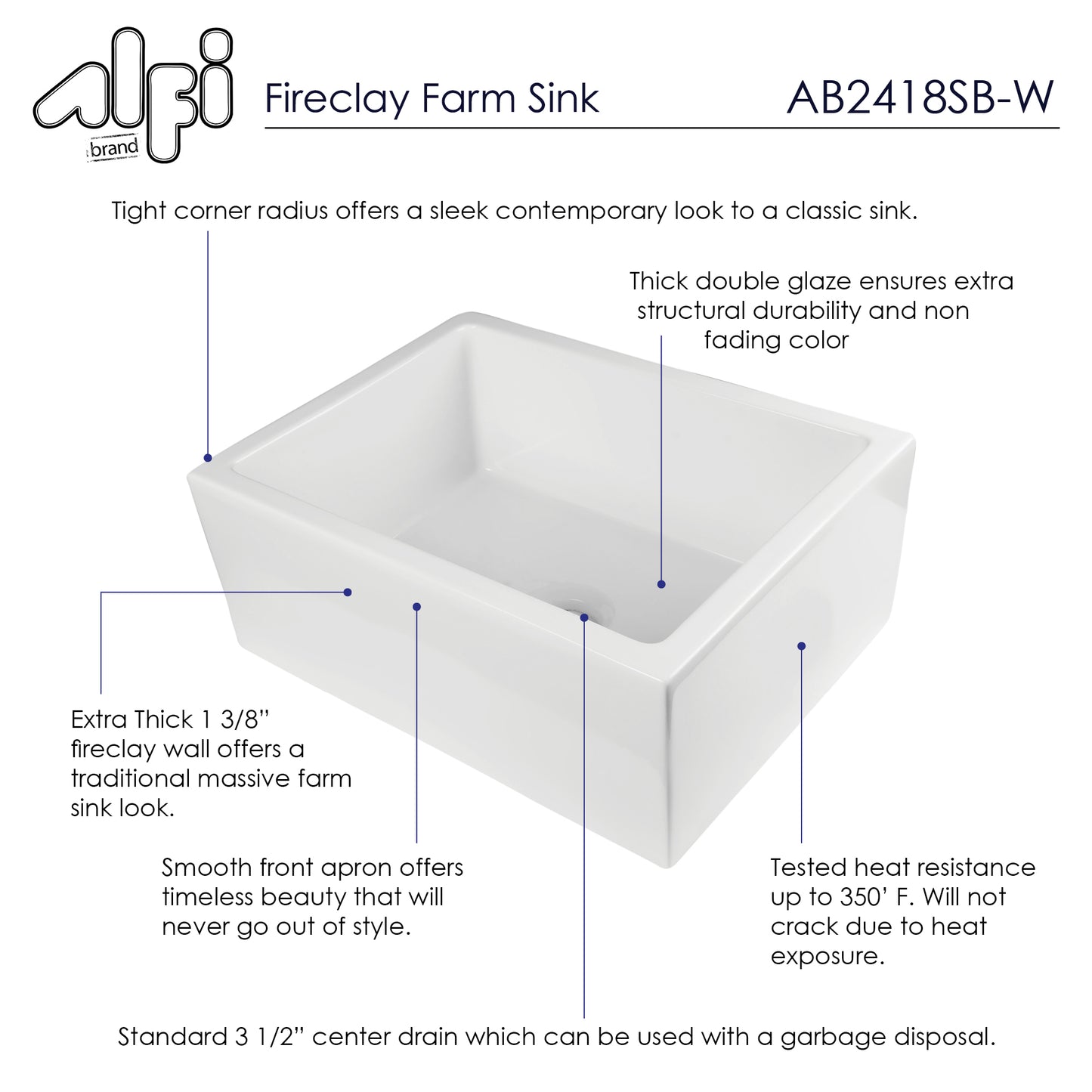 ALFI brand AB2418SB-W  24" White Smooth Thick Wall Fireclay Single Bowl Farm Sink