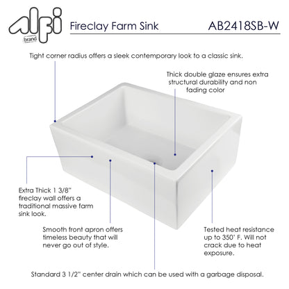 ALFI brand AB2418SB-W  24" White Smooth Thick Wall Fireclay Single Bowl Farm Sink