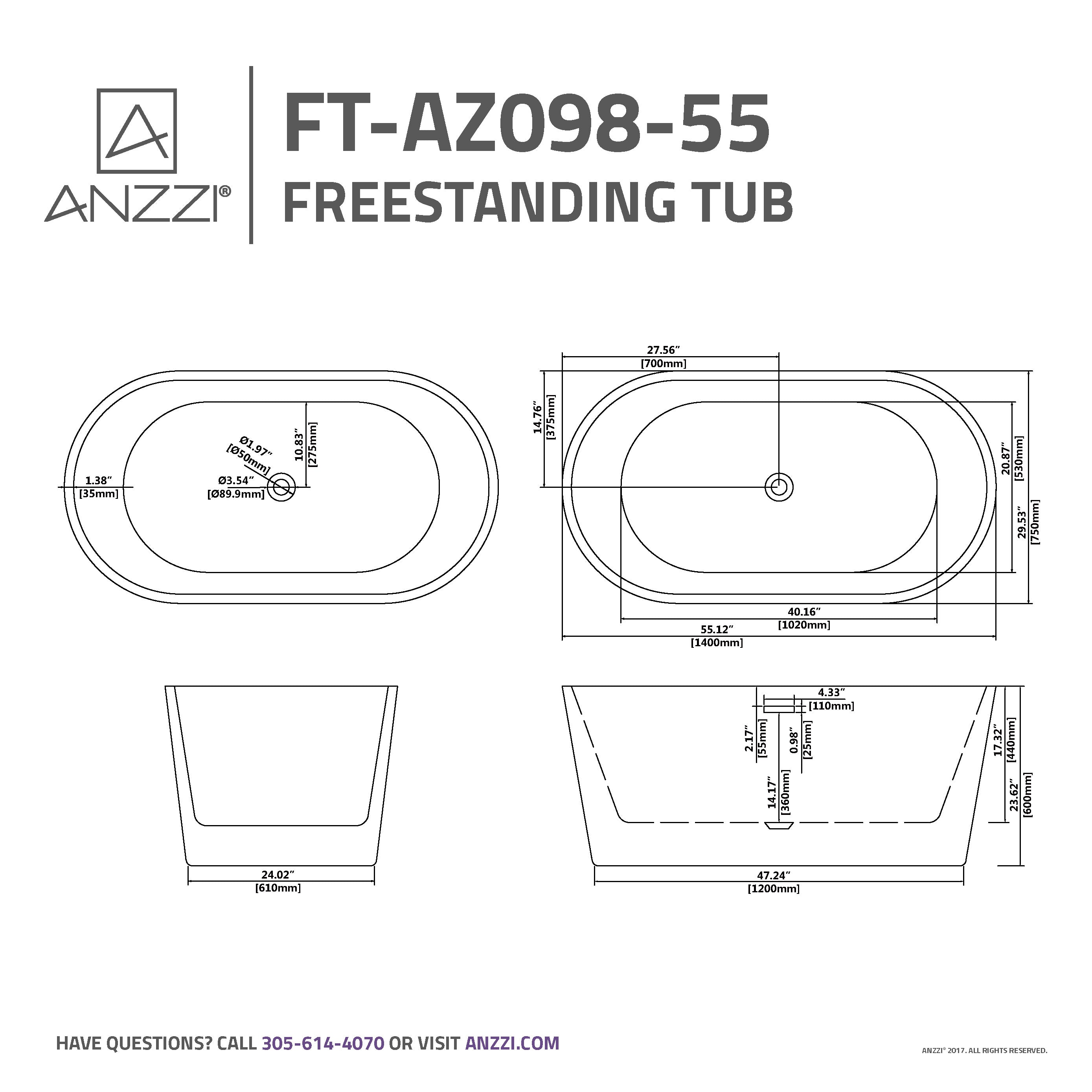 Chand 55 in. Acrylic Flatbottom Freestanding Bathtub in White