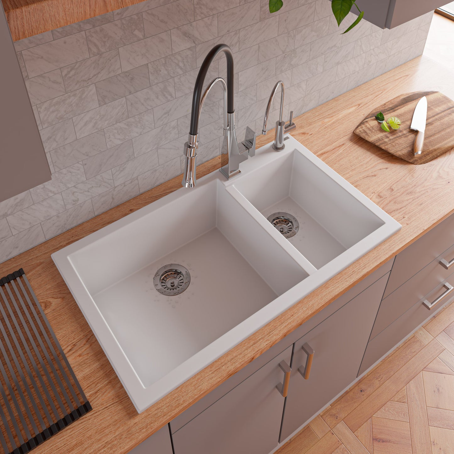 ALFI brand AB3319DI-W White 34" Double Bowl Drop In Granite Composite Kitchen Sink