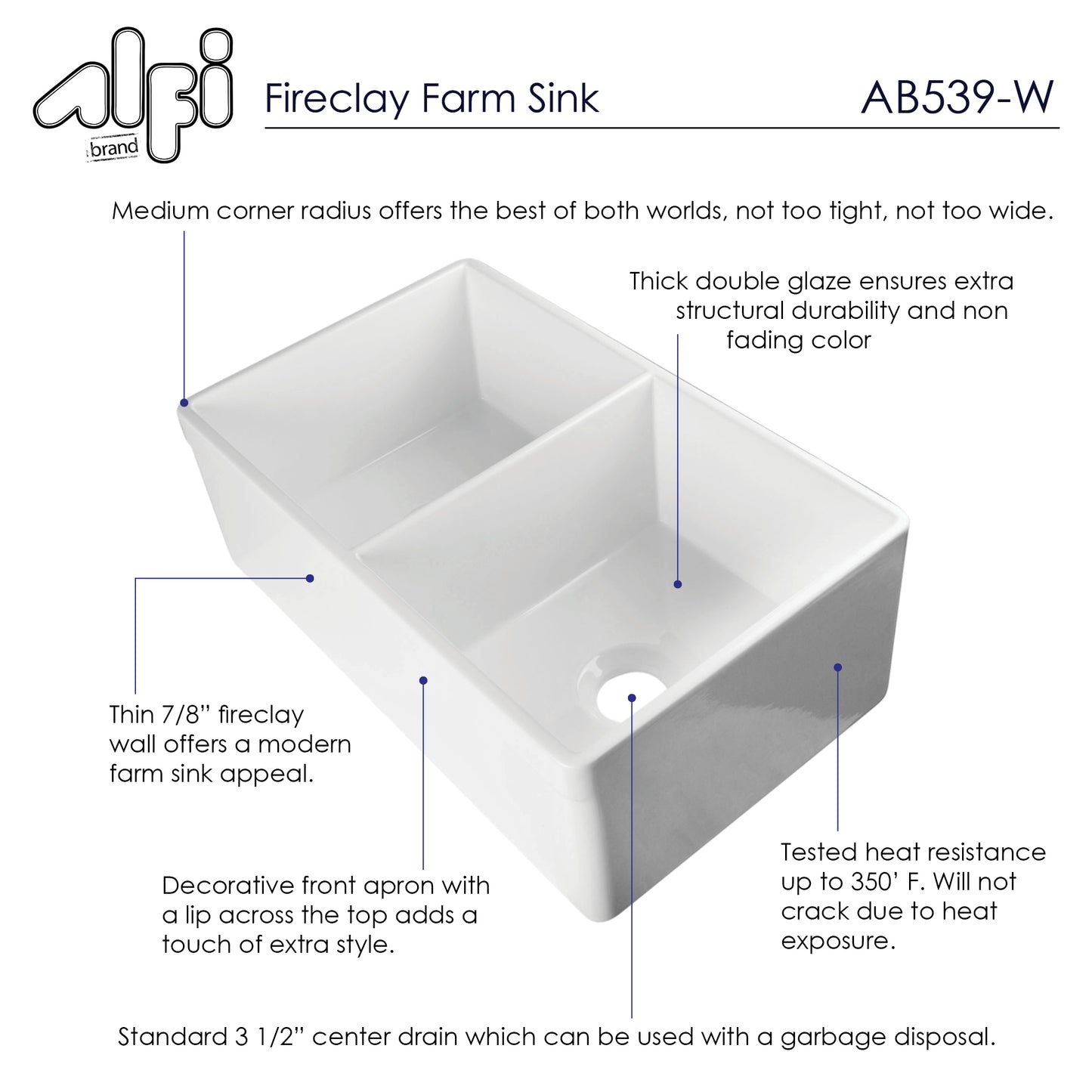 ALFI brand AB539-W White 32" Decorative Lip Apron Double Bowl Fireclay Farmhouse Kitchen Sink