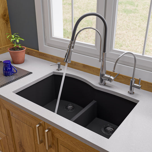 ALFI brand AB3320UM-BLA Black 33" Double Bowl Undermount Granite Composite Kitchen Sink