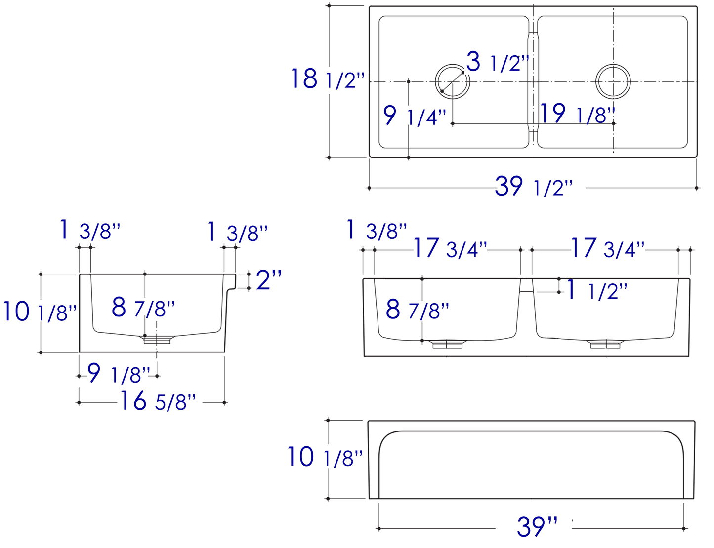 ALFI brand AB3918ARCH-B  39" Biscuit Arched Apron Thick Wall Fireclay Double Bowl Farm Sink