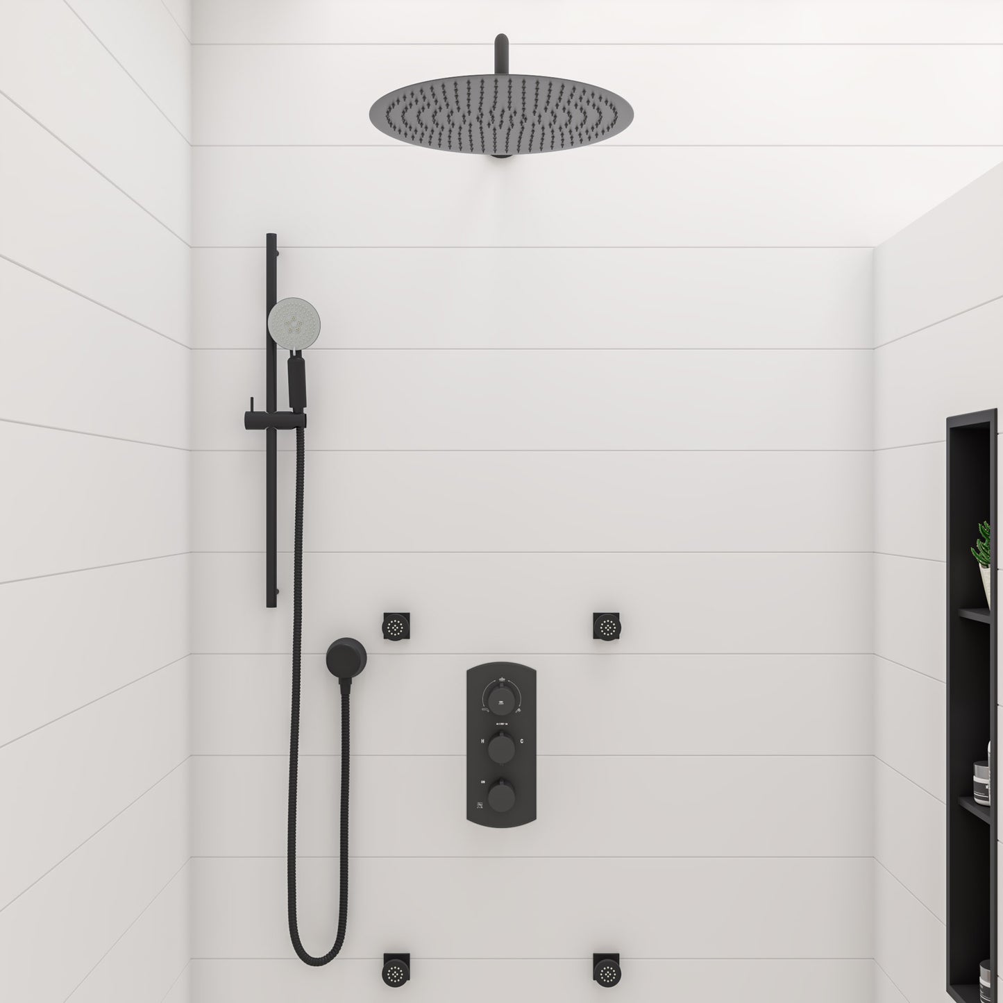 ALFI brand ABNC0836-BLA 8" x 36" Black Matte Stainless Steel Vertical Triple Shelf Bath Shower Niche