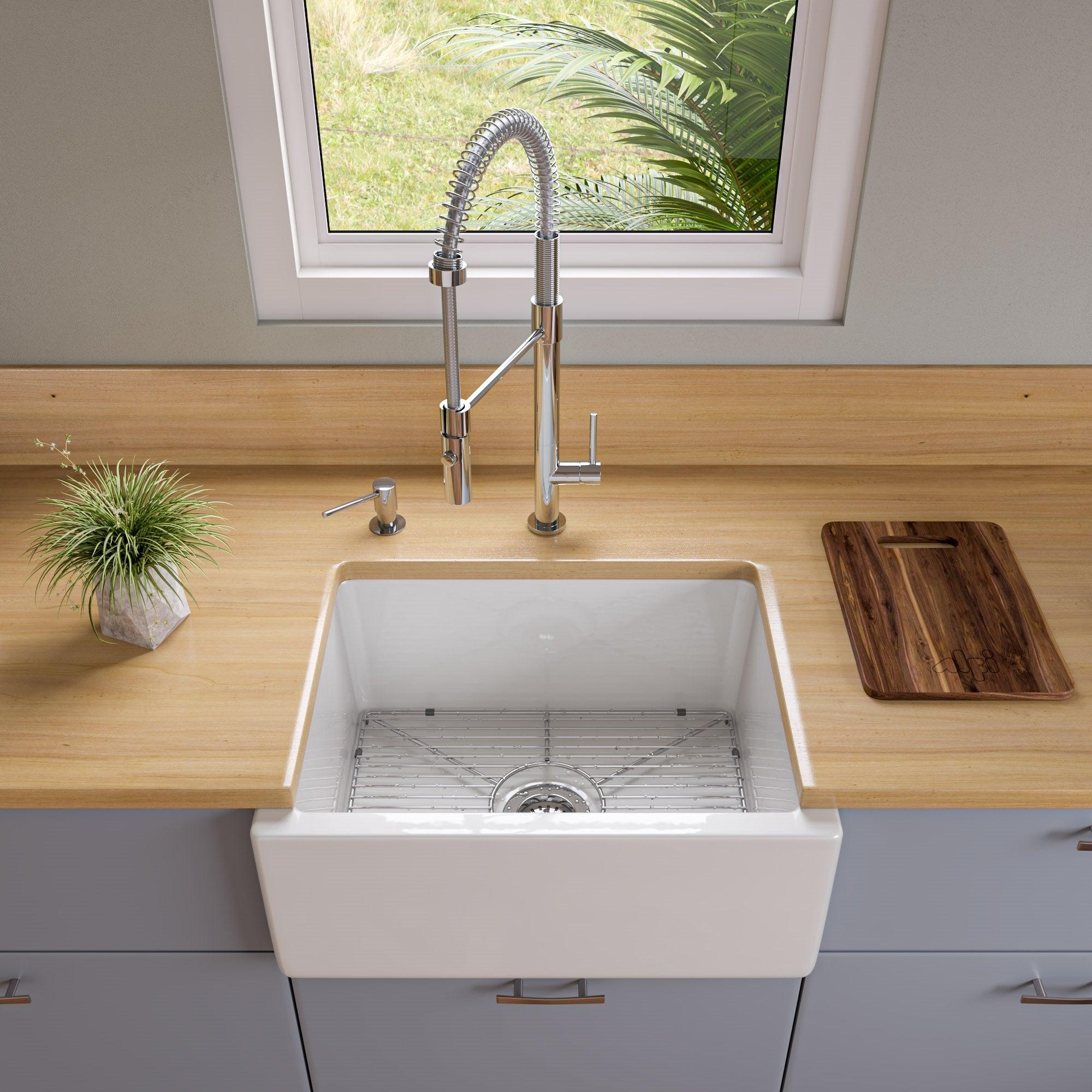 ALFI brand AB2418HS-W 24 inch White Reversible Smooth / Fluted Single Bowl Fireclay Farm Sink