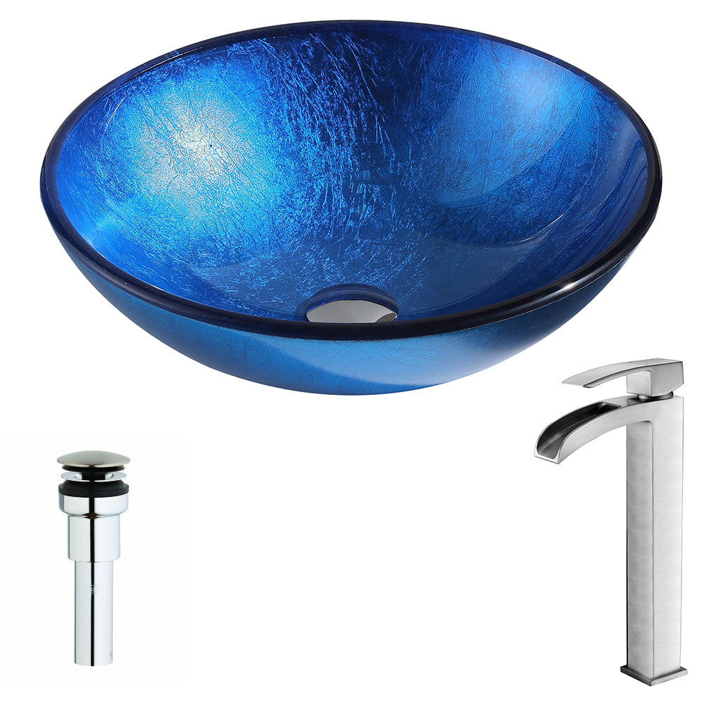 Clavier Series Deco-Glass Vessel Sink in Lustrous Blue with Key Faucet