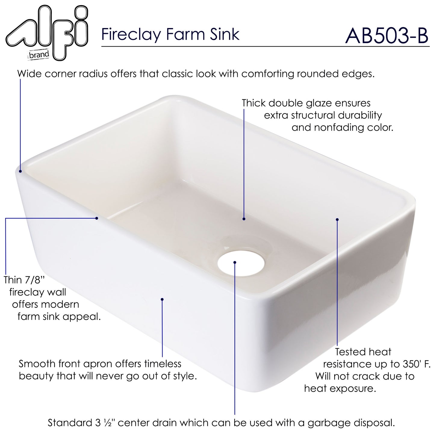 ALFI brand AB503-B Biscuit 23" Smooth Apron  Fireclay Single Bowl Farmhouse Kitchen Sink