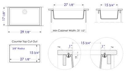 ALFI brand AB3020UM-W White 30" Undermount Single Bowl Granite Composite Kitchen Sink