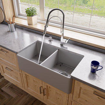 ALFI brand ABF3318D-GM Gray Matte Smooth Apron 33" x 18" Double Bowl Fireclay Farm Sink