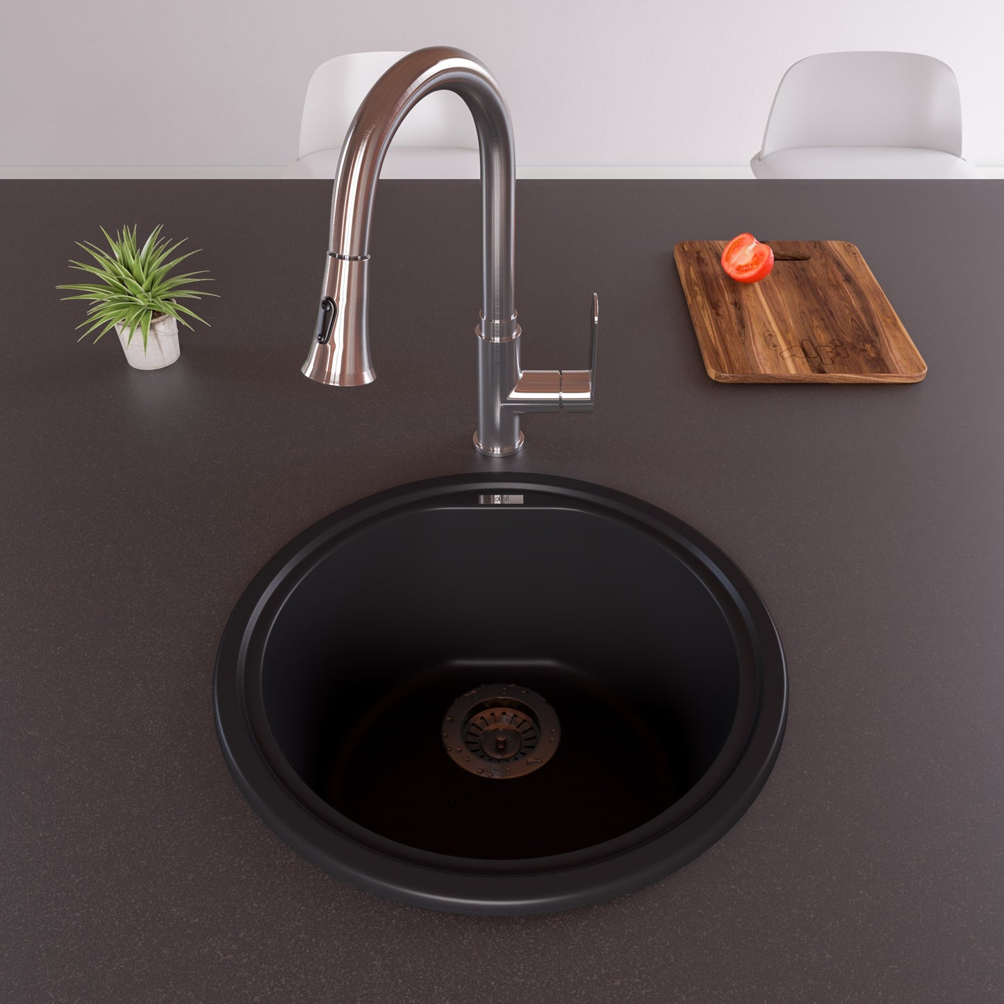 ALFI brand AB1717DI-BLA Black 17" Drop-In Round Granite Composite Kitchen Prep Sink