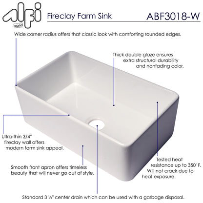 ALFI brand ABF3018 30" White Thin Wall Single Bowl Smooth Apron Fireclay Kitchen Farm Sink