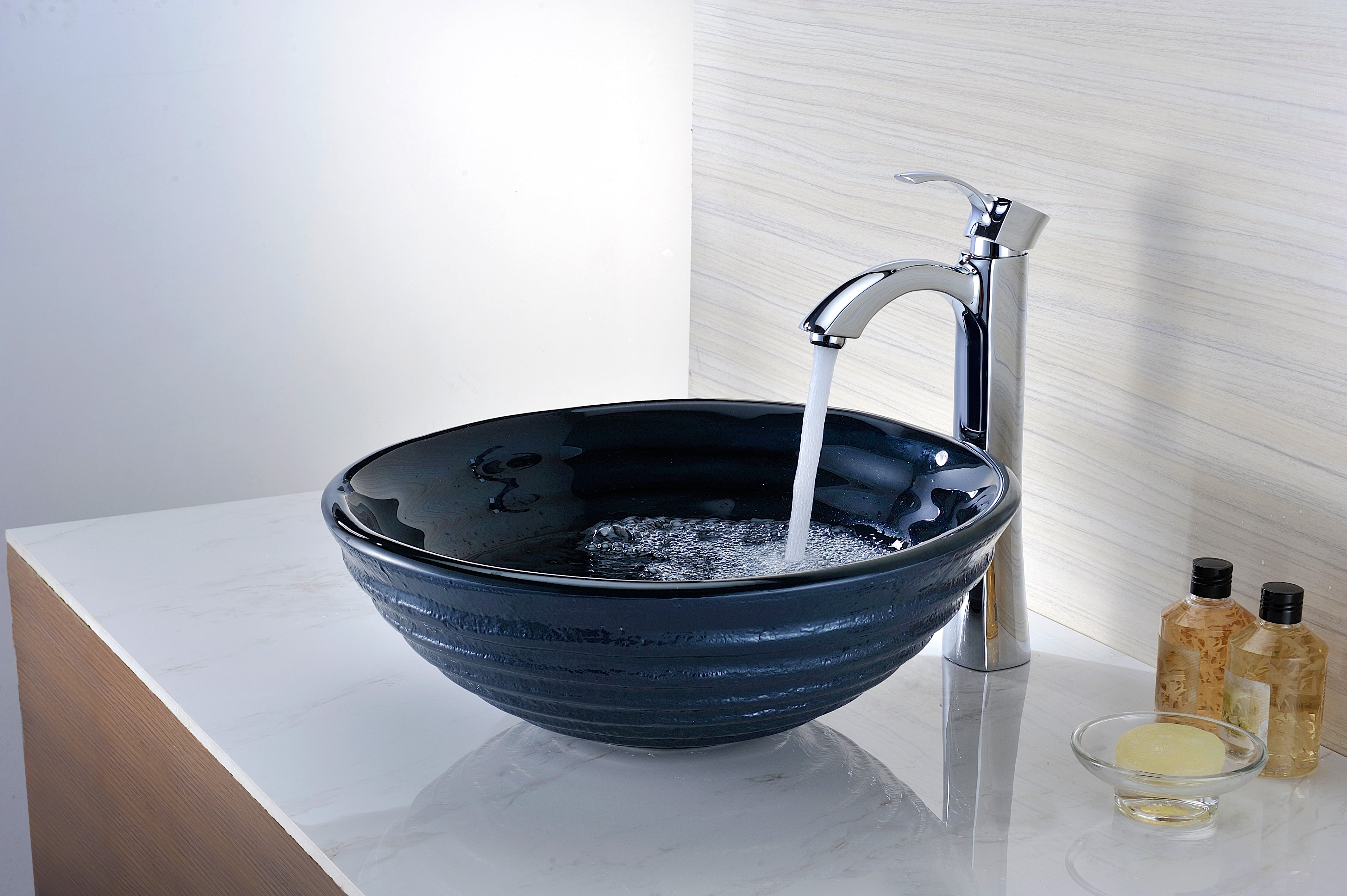Rongomae Series Deco-Glass Vessel Sink in Coiled Blue