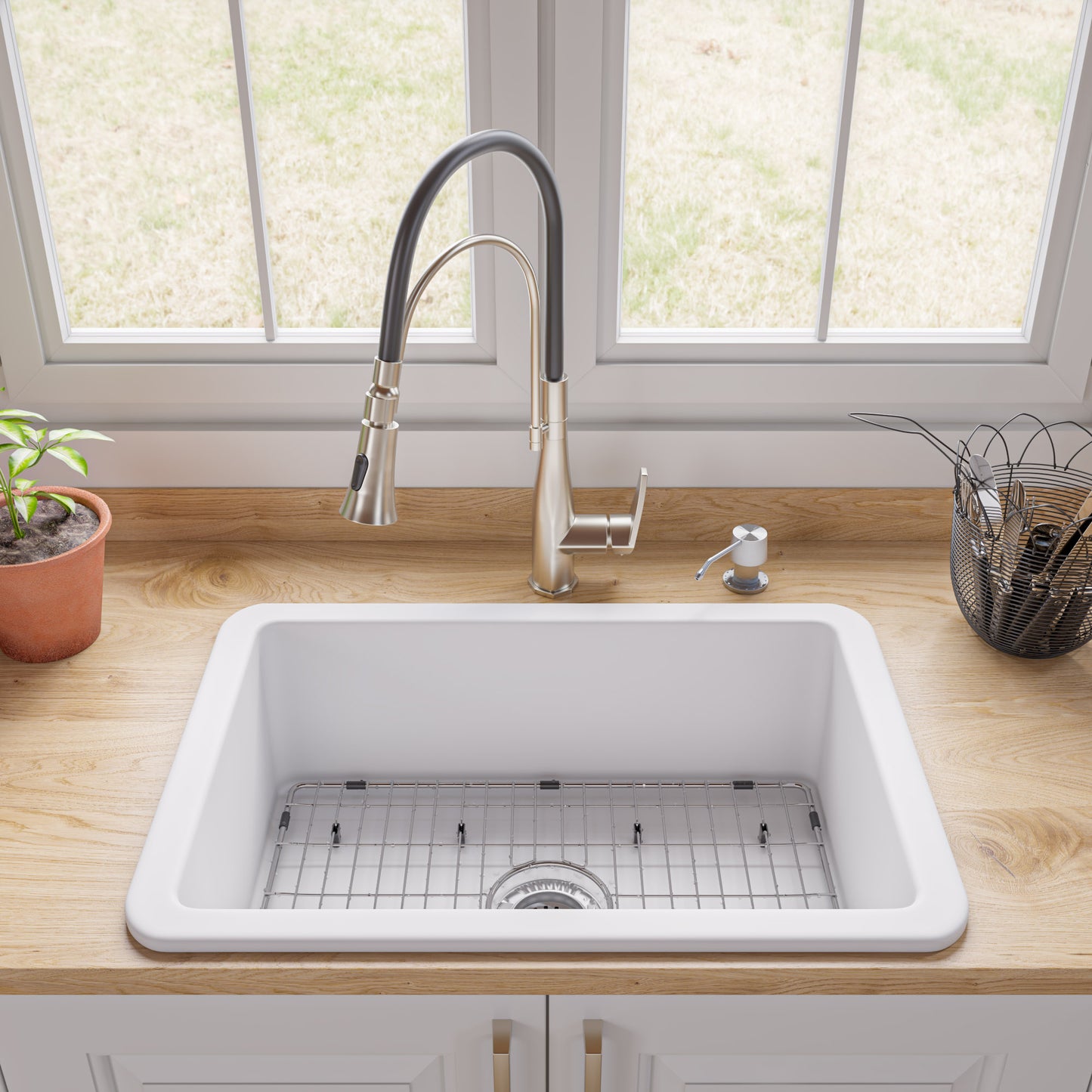 ALFI brand ABF2718UD-W White 27" x 18" Fireclay Undermount / Drop In Firelcay Kitchen Sink