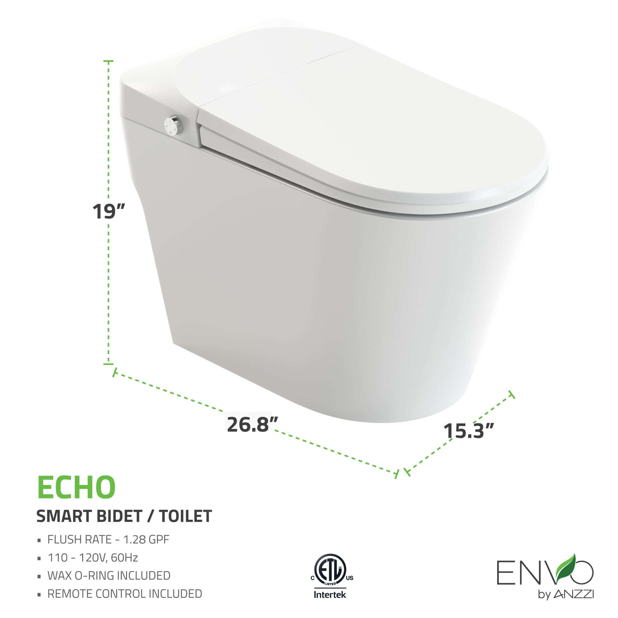 ENVO Echo Elongated Smart Toilet Bidet in with Auto Open, Auto Close, Auto Flush, and Heated Seat