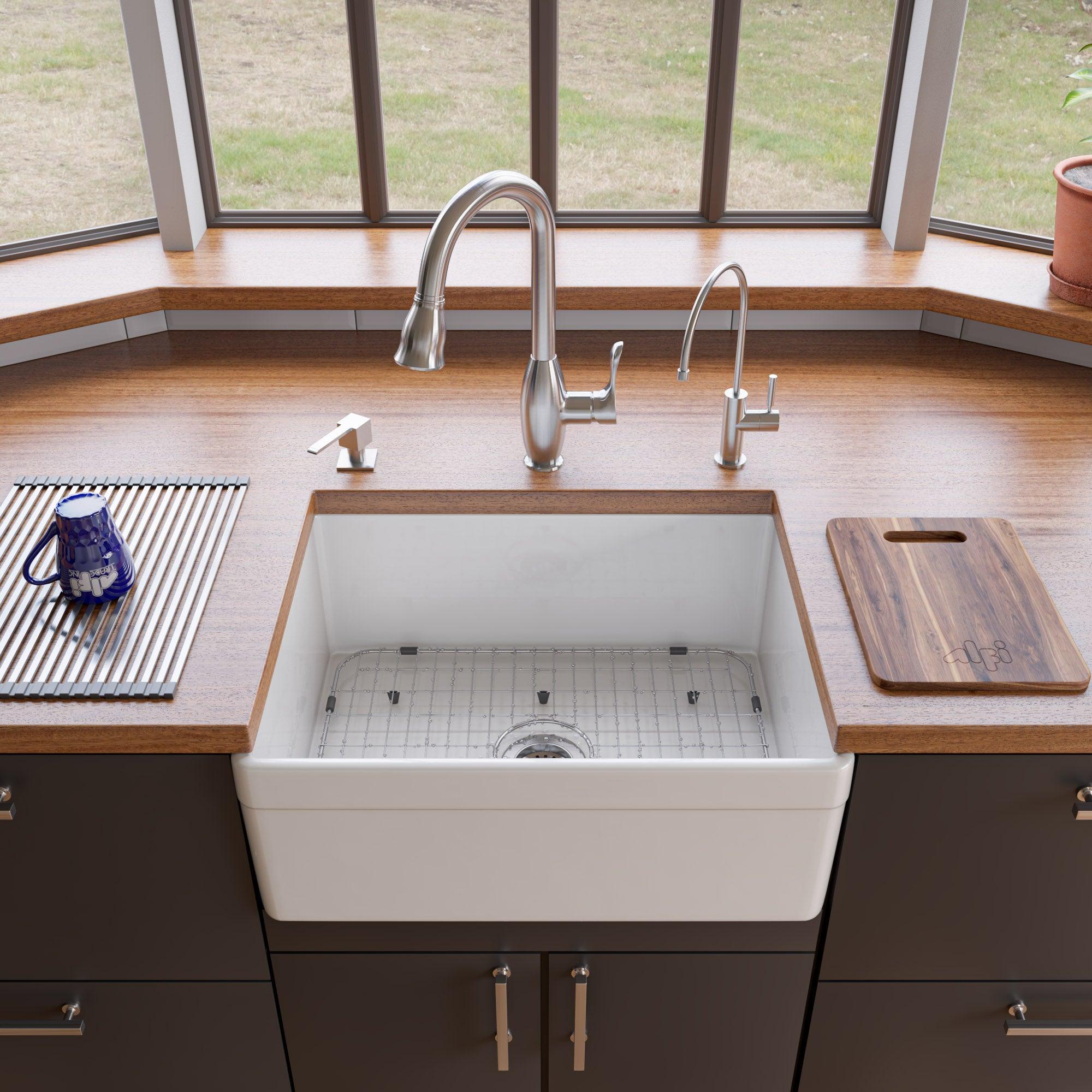 ALFI brand AB506-W White 26" Decorative Lip Apron Single Bowl Fireclay Farmhouse Kitchen Sink