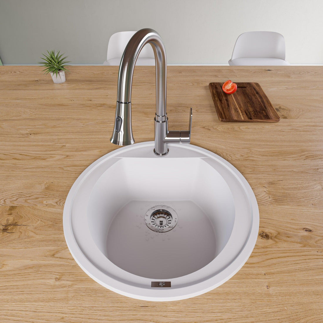 ALFI brand AB2020DI-W White 20" Drop-In Round Granite Composite Kitchen Prep Sink