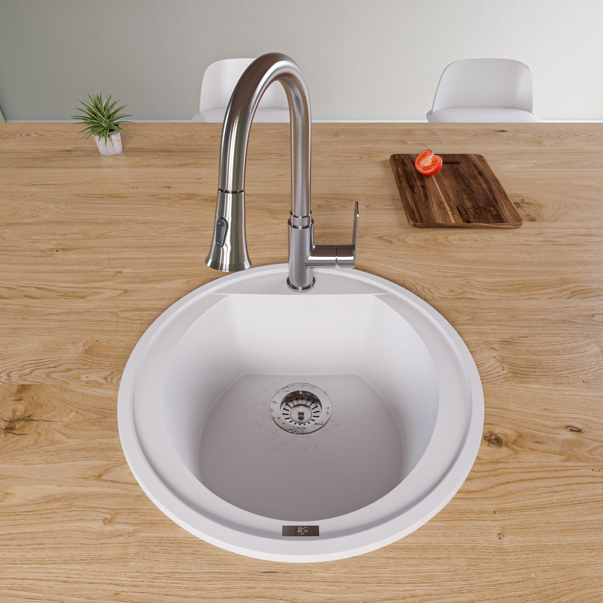 ALFI brand AB2020DI-W White 20" Drop-In Round Granite Composite Kitchen Prep Sink