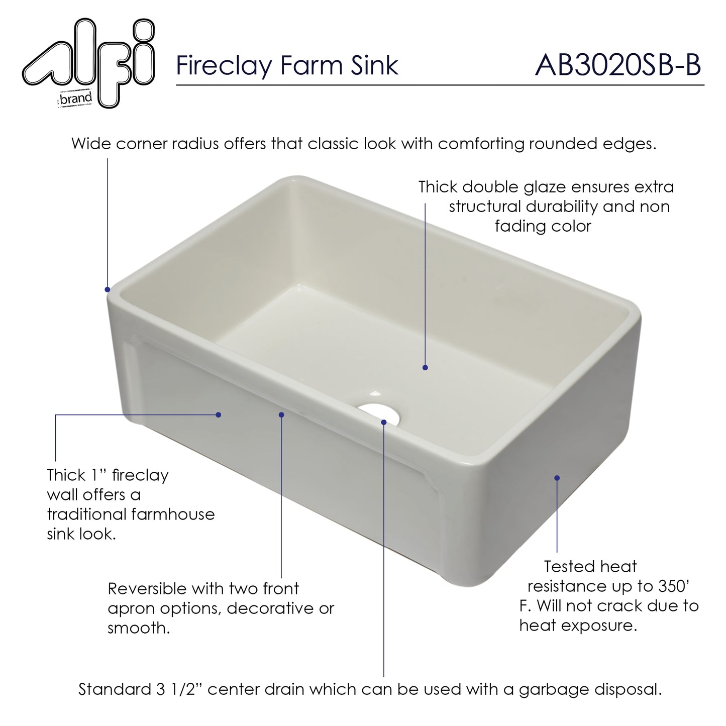 ALFI brand AB3020SB-B 30 inch Biscuit Reversible Single Fireclay Farmhouse Kitchen Sink