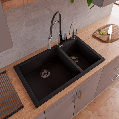 ALFI brand AB3319DI-BLA Black 34" Double Bowl Drop In Granite Composite Kitchen Sink