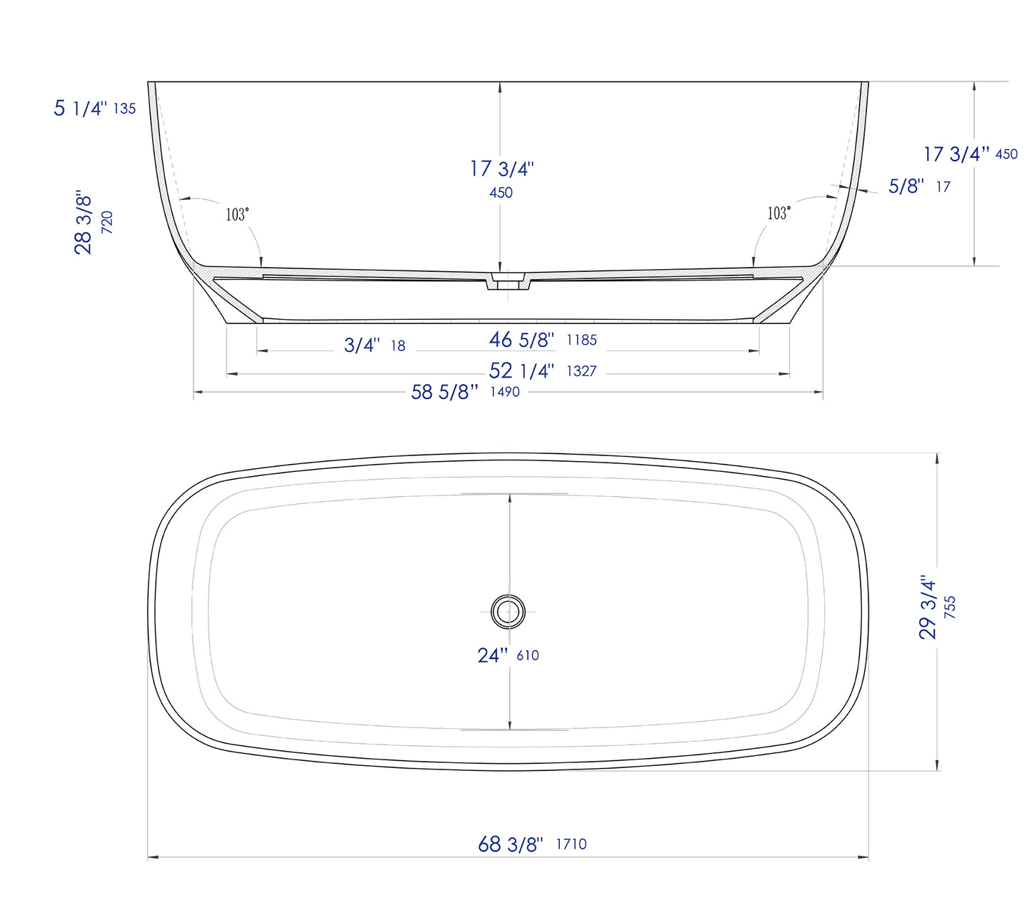 ALFI brand AB9980 67" White Matte Solid Surface Resin Bathtub