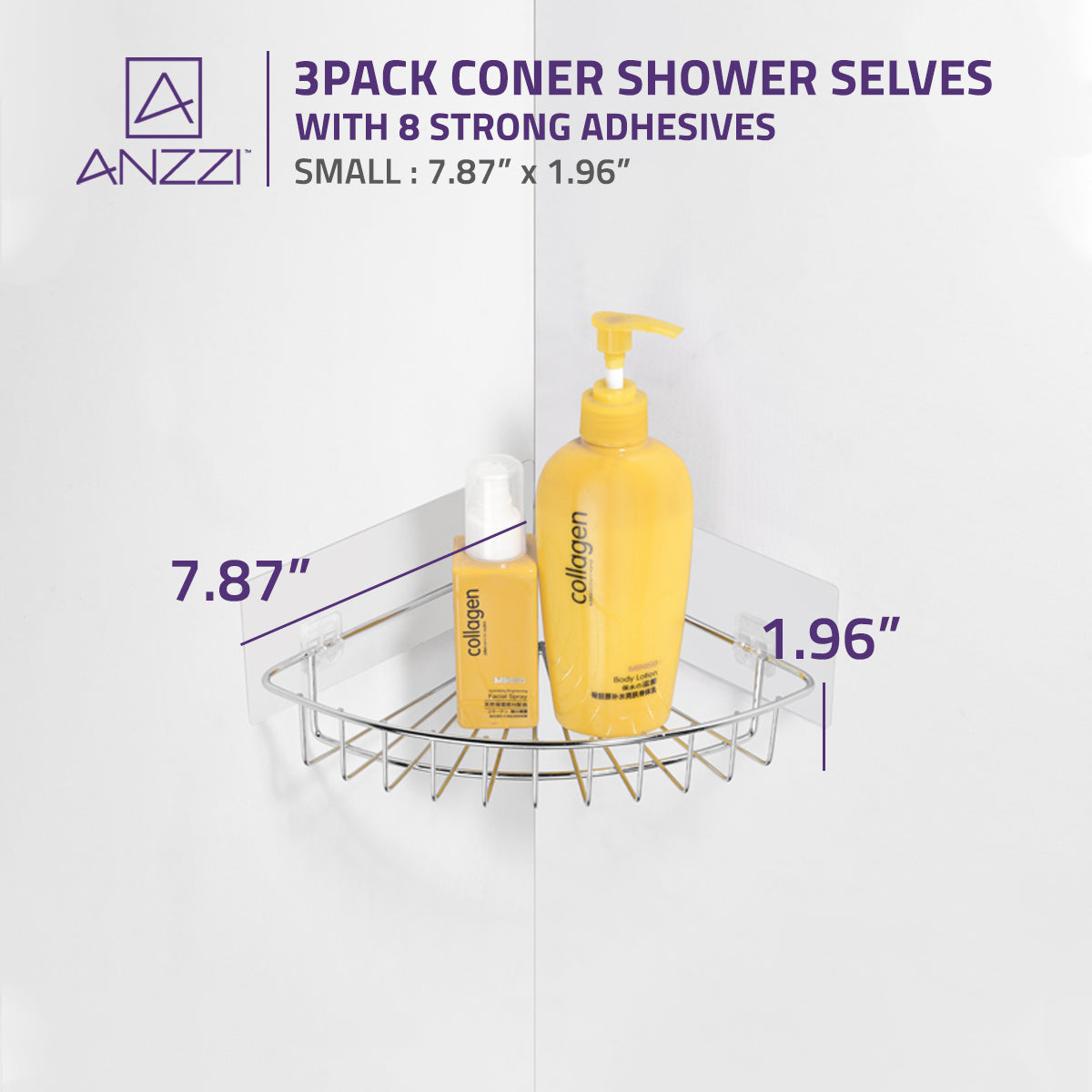 ANZZI 3-Piece Corner Shower Caddy Shelf Set with 8 Adhesive in Chrome