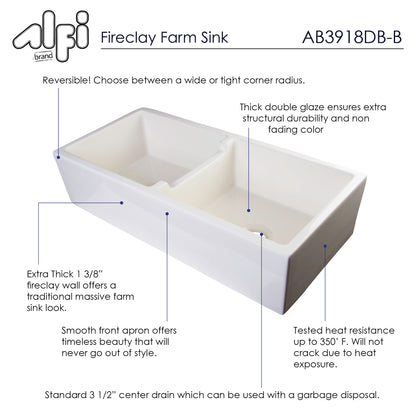 ALFI brand AB3918DB-B 39" Biscuit Smooth Apron Thick Wall Fireclay Double Bowl Farm Sink