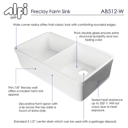 ALFI brand AB512-W White 32" Double Bowl Lip Apron Fireclay Farmhouse Kitchen Sink with 1 3/4" Lip