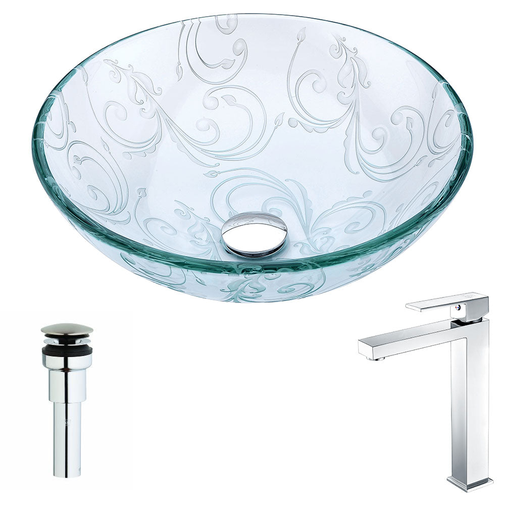 Vieno Series Deco-Glass Vessel Sink in Crystal Clear Floral with Enti Faucet