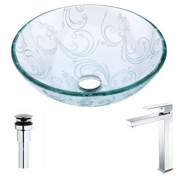 Vieno Series Deco-Glass Vessel Sink in Crystal Clear Floral with Enti Faucet