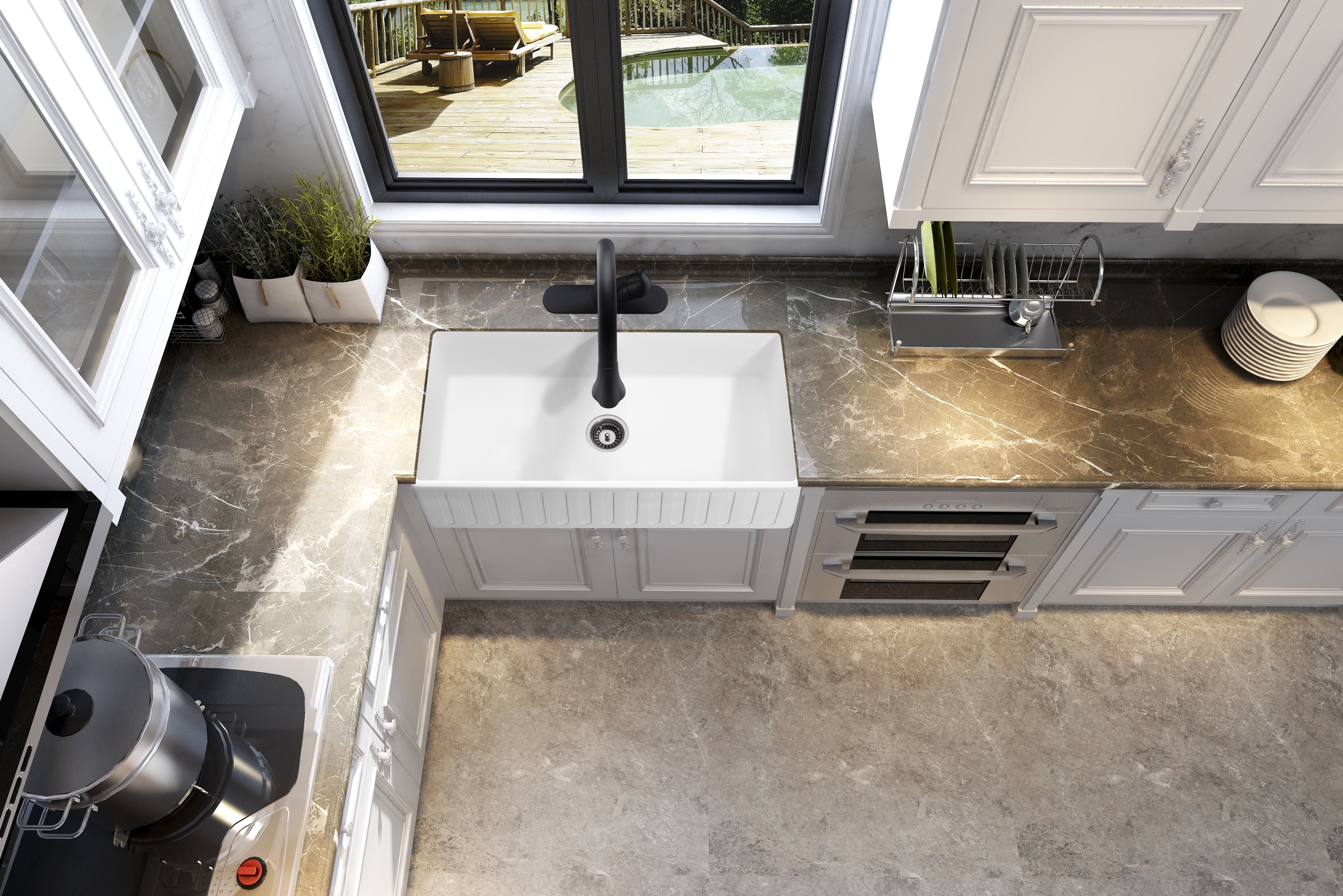 Roine Farmhouse Reversible Apron Front Solid Surface 33 in. Single Basin Kitchen Sink in White