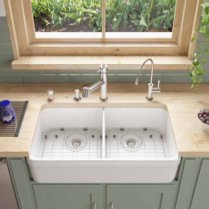 ALFI brand AB512-W White 32" Double Bowl Lip Apron Fireclay Farmhouse Kitchen Sink with 1 3/4" Lip