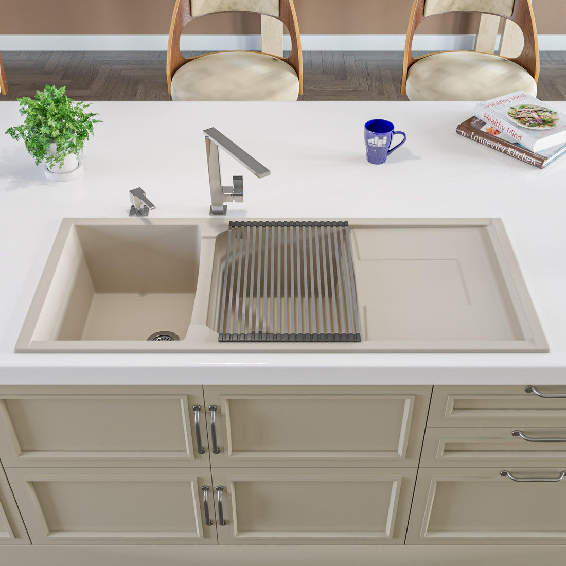 ALFI brand AB4620DI-B Biscuit 46" Double Bowl Granite Composite Kitchen Sink with Drainboard