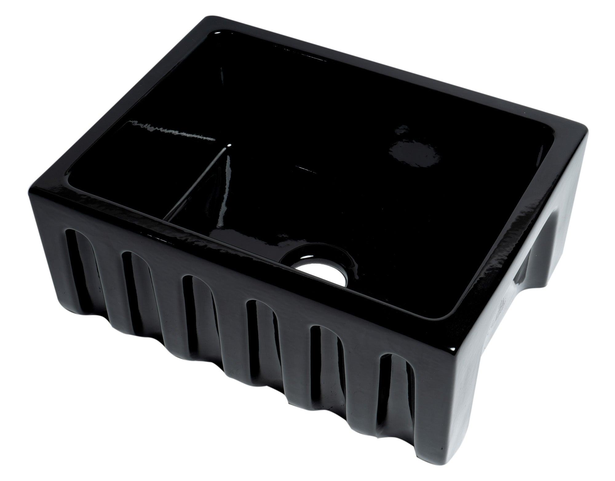 ALFI brand AB2418HS-BG 24" Black Gloss Reversible Smooth / Fluted Single Bowl Fireclay Farm Sink