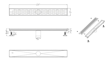 ALFI brand ABLD24C 24" Long Modern Stainless Steel Linear Shower Drain with Groove Holes