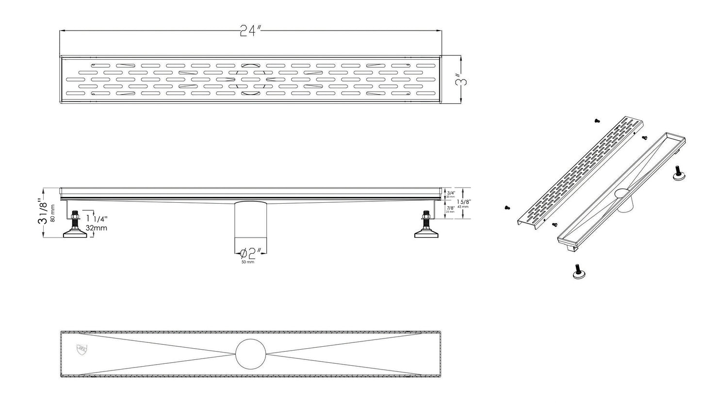 ALFI brand ABLD24C-BM 24" Black Matte Stainless Steel Linear Shower Drain with Groove Holes