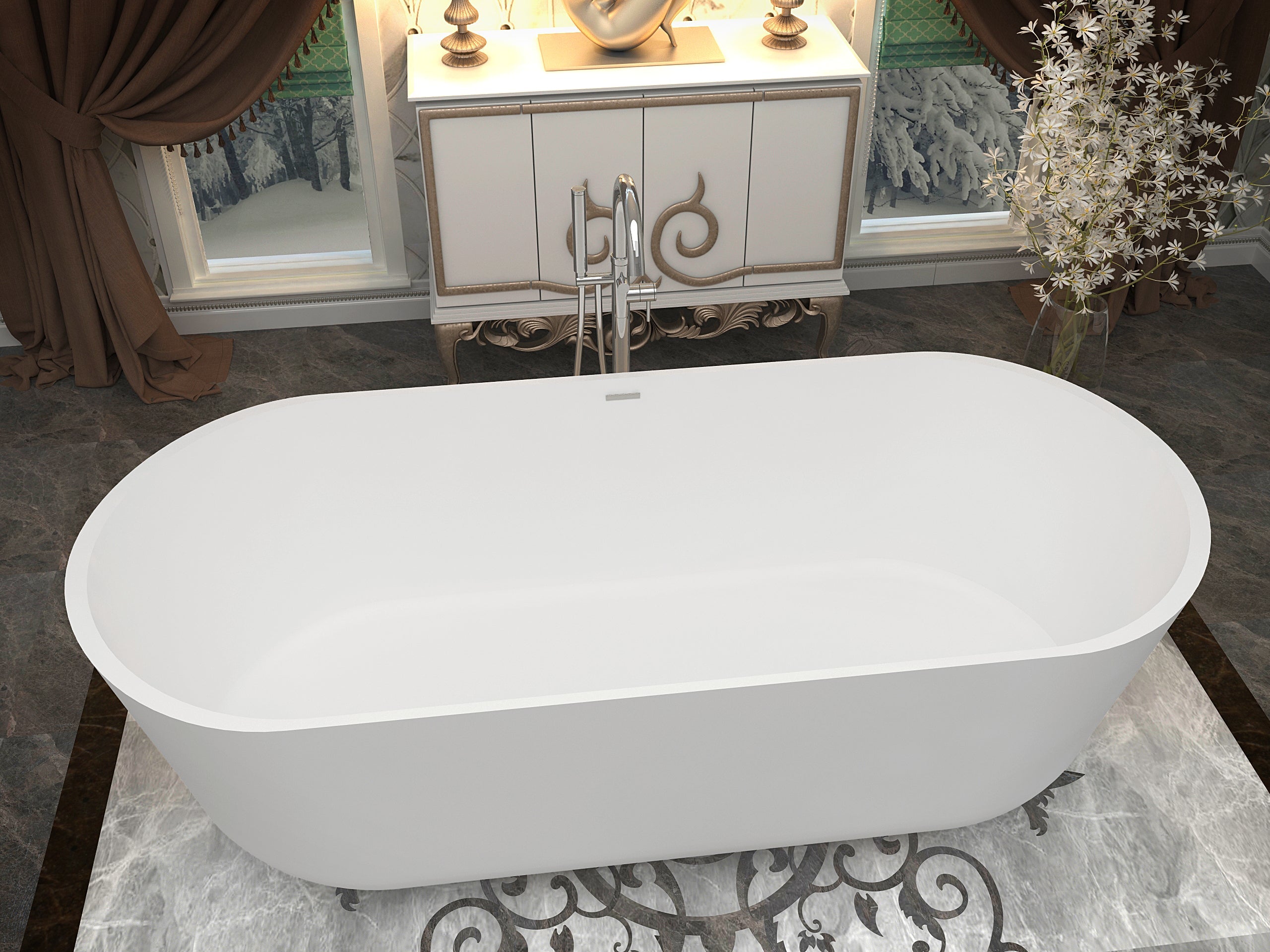 Sabbia 5.9 ft. Solid Surface Center Drain Freestanding Bathtub in Matte White