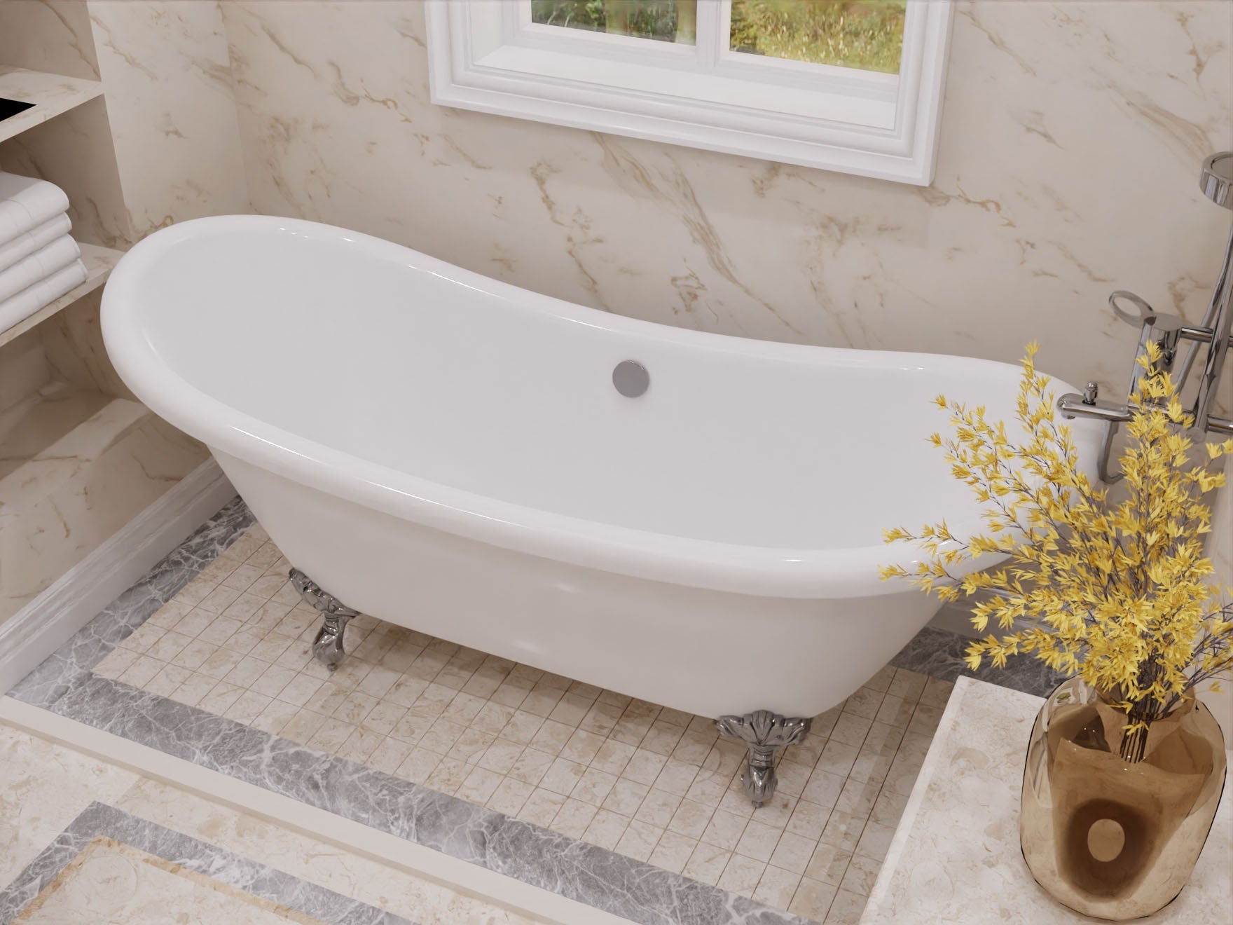 69.29” Belissima Double Slipper Acrylic Claw Foot Tub in White