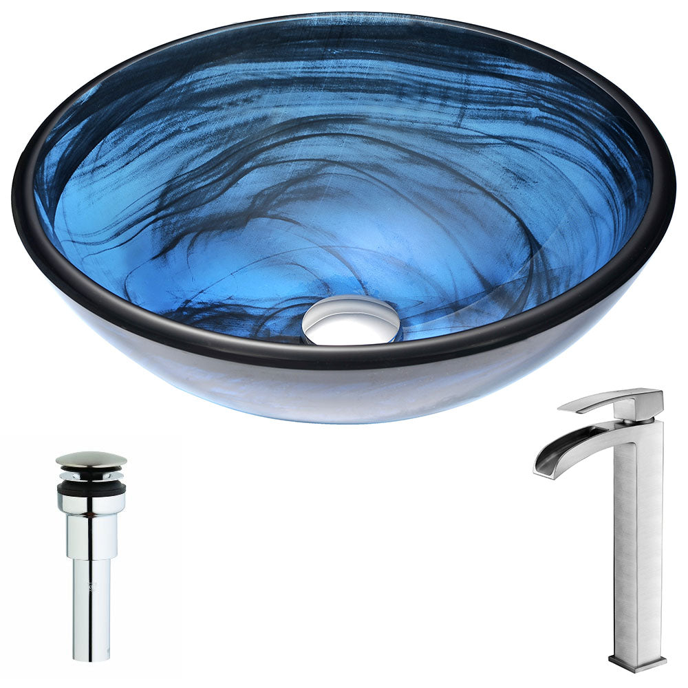 Soave Series Deco-Glass Vessel Sink in Sapphire Wisp with Key Faucet